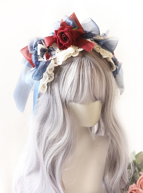 Snow White Series Handmade Blue Ribbon Red Rose Lace Classic Lolita Headband