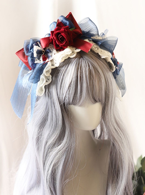 Snow White Series Handmade Blue Ribbon Red Rose Lace Classic Lolita Headband