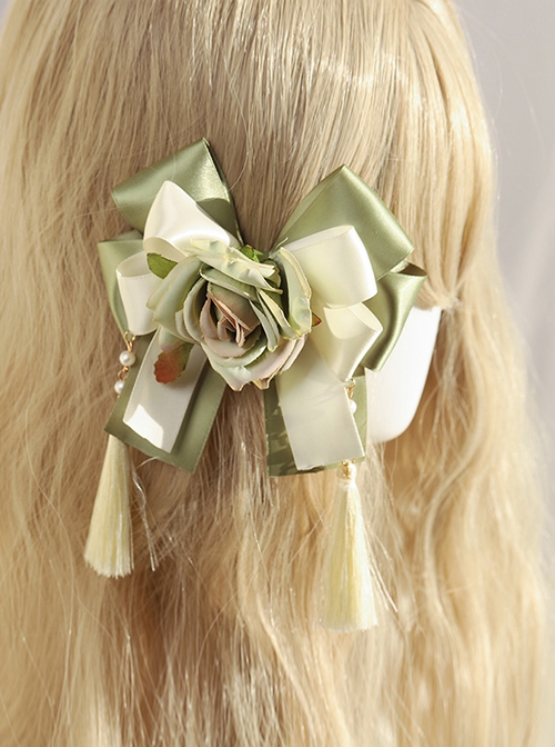 Green Bowknot Rose Tassel Classic Lolita Hair Clip