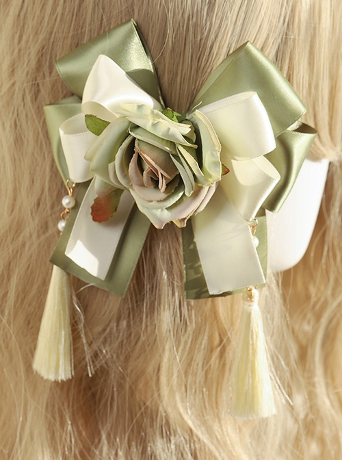 Green Bowknot Rose Tassel Classic Lolita Hair Clip