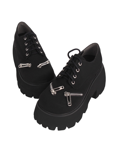 Black Simple All-Match Matte Round Toe Zipper Lace-Up Platform Shoes Punk Lolita Shoes