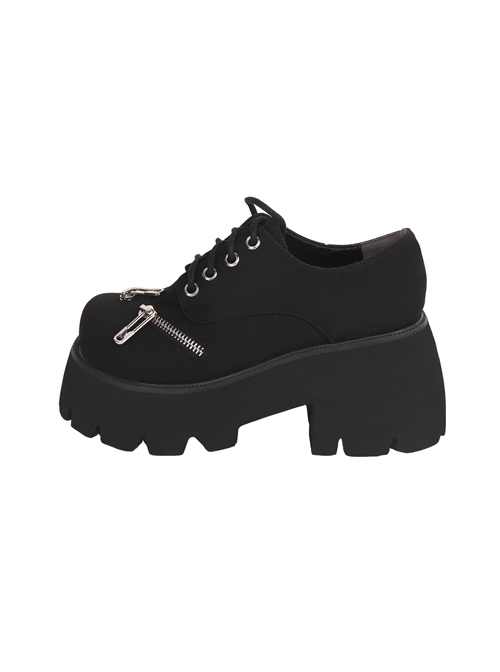 Black Simple All-Match Matte Round Toe Zipper Lace-Up Platform Shoes Punk Lolita Shoes