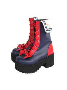 Red-Blue Two-Color Splice Lace-Up Bowknot Star Decoration Round Toe Classic Lolita High-Heel Mid-Calf Boots
