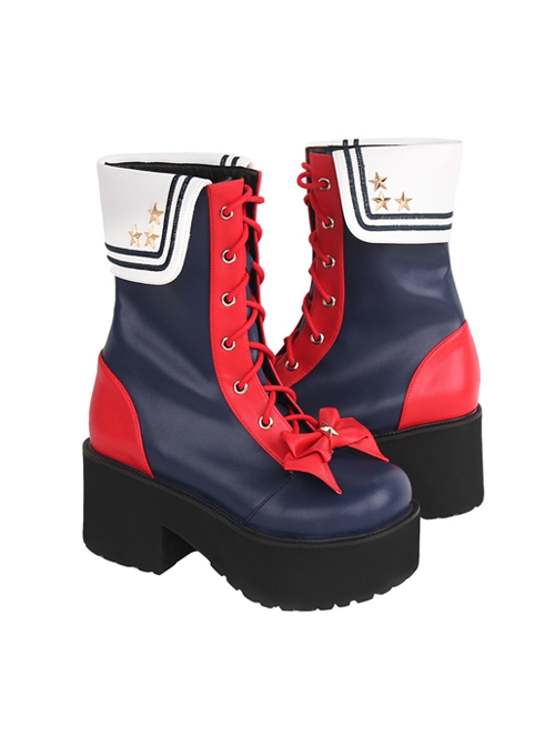 Red-Blue Two-Color Splice Lace-Up Bowknot Star Decoration Round Toe Classic Lolita High-Heel Mid-Calf Boots