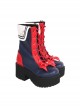 Red-Blue Two-Color Splice Lace-Up Bowknot Star Decoration Round Toe Classic Lolita High-Heel Mid-Calf Boots