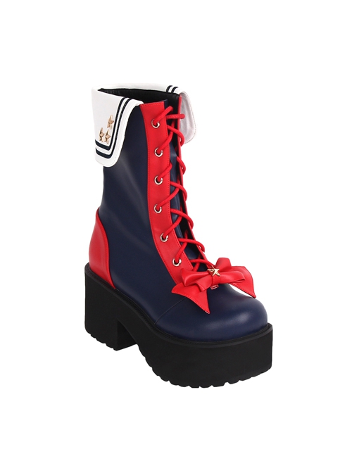 Red-Blue Two-Color Splice Lace-Up Bowknot Star Decoration Round Toe Classic Lolita High-Heel Mid-Calf Boots