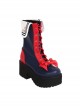 Red-Blue Two-Color Splice Lace-Up Bowknot Star Decoration Round Toe Classic Lolita High-Heel Mid-Calf Boots