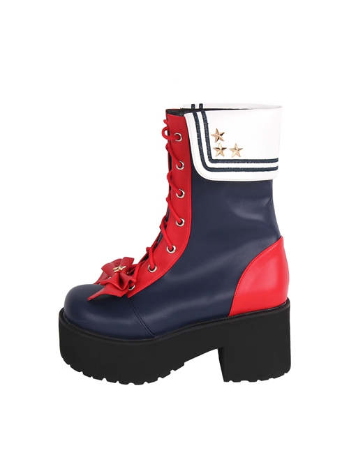 Red-Blue Two-Color Splice Lace-Up Bowknot Star Decoration Round Toe Classic Lolita High-Heel Mid-Calf Boots