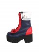 Red-Blue Two-Color Splice Lace-Up Bowknot Star Decoration Round Toe Classic Lolita High-Heel Mid-Calf Boots