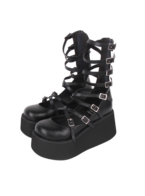 Simple Punk Style Hollow Buckle Strap Zipper Black Platform Shoes Punk Lolita Shoes