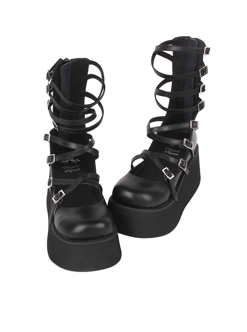 Simple Punk Style Hollow Buckle Strap Zipper Black Platform Shoes Punk Lolita Shoes