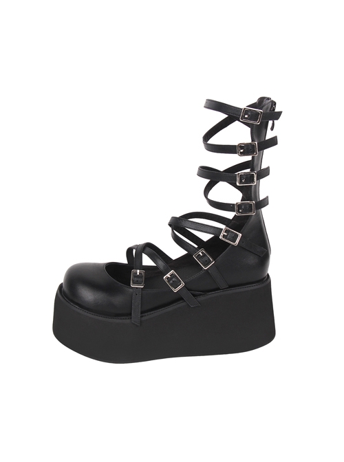 Simple Punk Style Hollow Buckle Strap Zipper Black Platform Shoes Punk Lolita Shoes