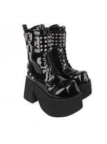 Punk Fashion Black Patent Leather Lace-Up Rivet Buckle Platform Shoes Punk Lolita Mid-Calf Boots