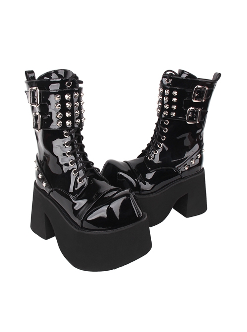 Punk Fashion Black Patent Leather Lace-Up Rivet Buckle Platform Shoes Punk Lolita Mid-Calf Boots