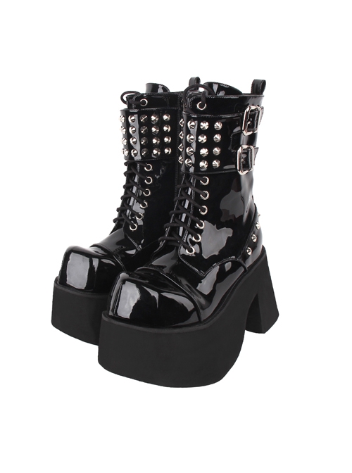 Punk Fashion Black Patent Leather Lace-Up Rivet Buckle Platform Shoes Punk Lolita Mid-Calf Boots