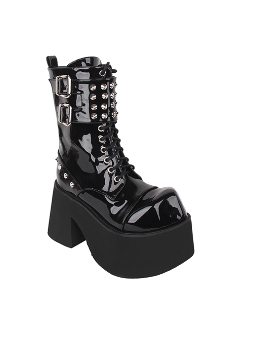 Punk Fashion Black Patent Leather Lace-Up Rivet Buckle Platform Shoes Punk Lolita Mid-Calf Boots