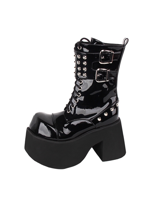 Punk Fashion Black Patent Leather Lace-Up Rivet Buckle Platform Shoes Punk Lolita Mid-Calf Boots