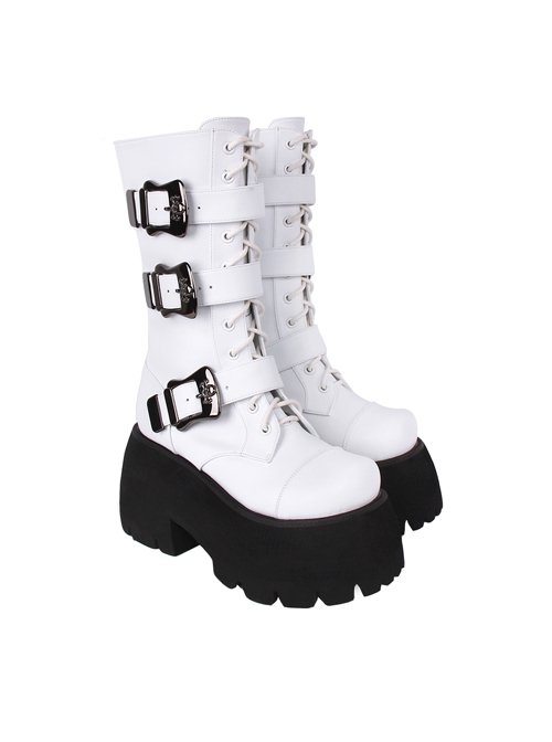 Round Toe Plum Bottom Super High Heel Punk Lolita Skull Buckle Lace-Up Boots