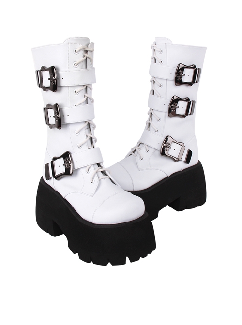 Round Toe Plum Bottom Super High Heel Punk Lolita Skull Buckle Lace-Up Boots