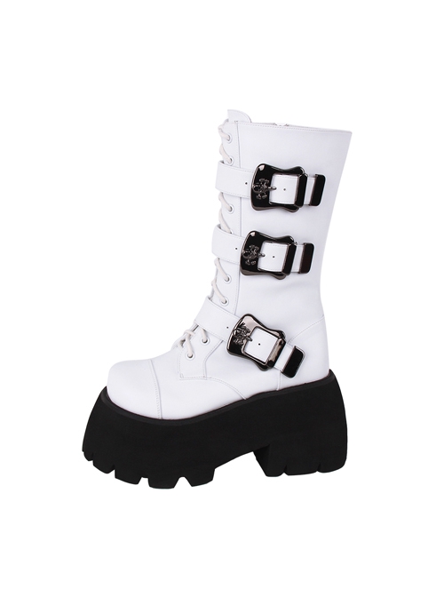 Round Toe Plum Bottom Super High Heel Punk Lolita Skull Buckle Lace-Up Boots