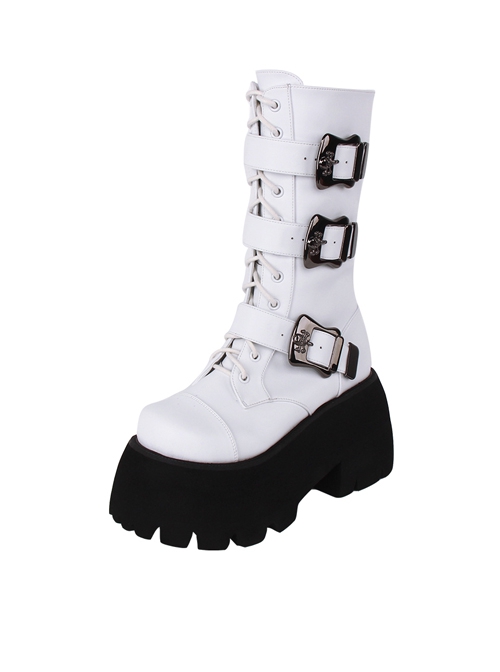 Round Toe Plum Bottom Super High Heel Punk Lolita Skull Buckle Lace-Up Boots