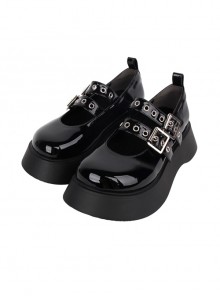 Black Patent Leather All-Match Daily Cute Round Toe Punk Lolita Buckle Platform Shoes