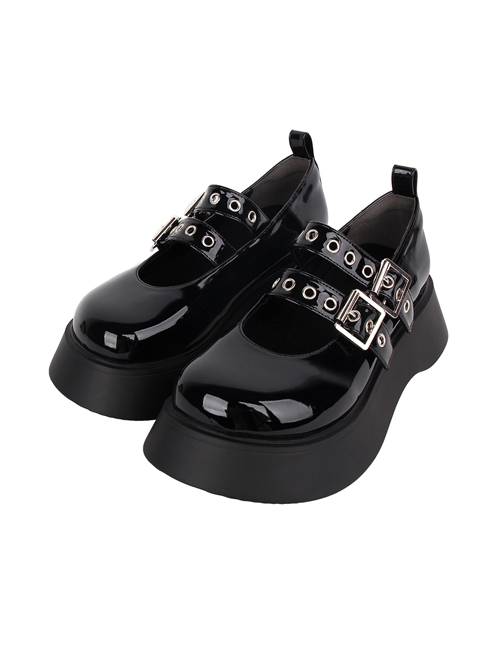 Black Patent Leather All-Match Daily Cute Round Toe Punk Lolita Buckle Platform Shoes