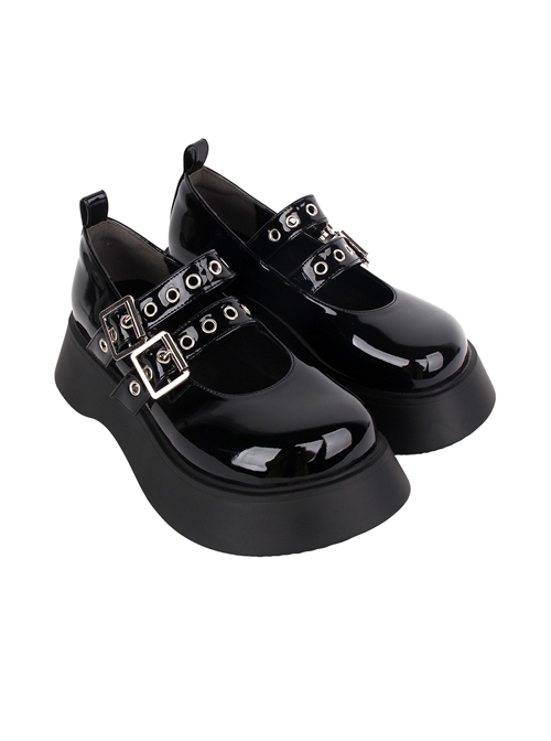 Black Patent Leather All-Match Daily Cute Round Toe Punk Lolita Buckle Platform Shoes