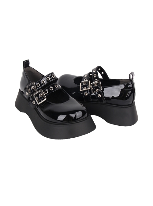 Black Patent Leather All-Match Daily Cute Round Toe Punk Lolita Buckle Platform Shoes
