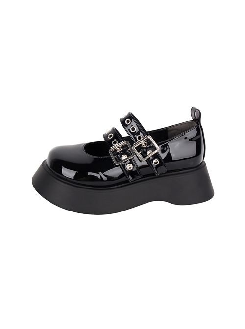 Black Patent Leather All-Match Daily Cute Round Toe Punk Lolita Buckle Platform Shoes