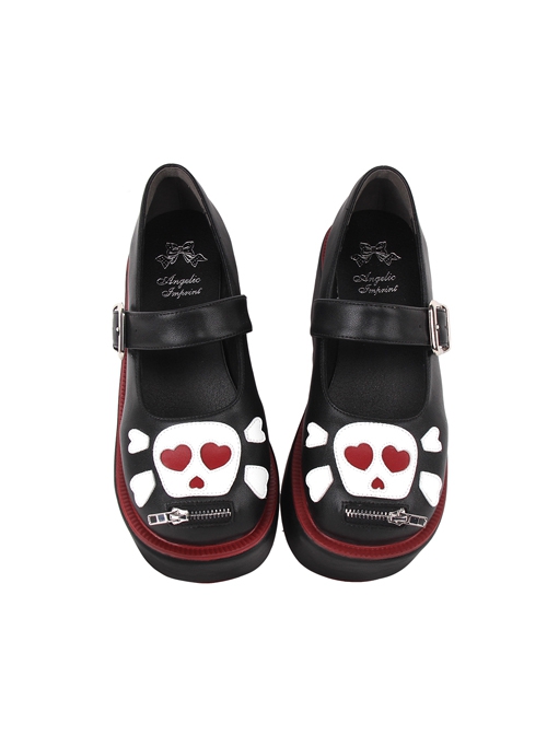 Love Skull Print Black PU Round Toe Zipper Super High Heel Punk Lolita Shoes