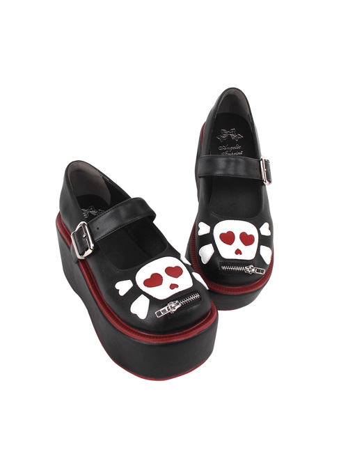 Love Skull Print Black PU Round Toe Zipper Super High Heel Punk Lolita Shoes