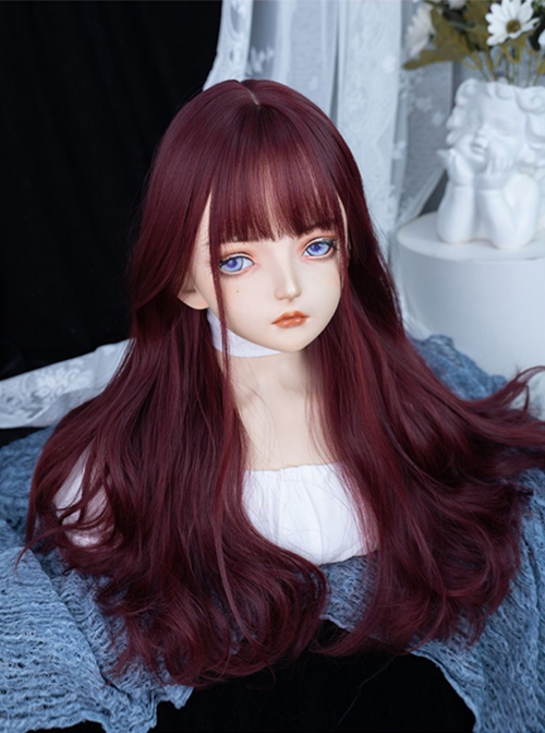 Wine Red Sweet-Cool Girl Cute Air Bangs Long Curly Hair Sweet Lolita Wig