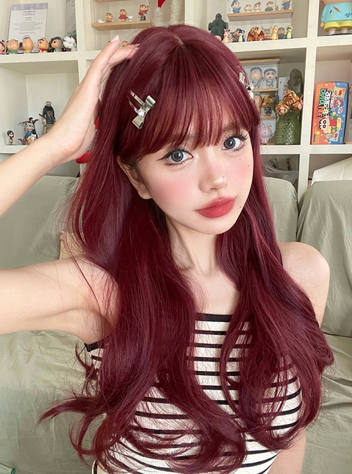 Wine Red Sweet-Cool Girl Cute Air Bangs Long Curly Hair Sweet Lolita Wig