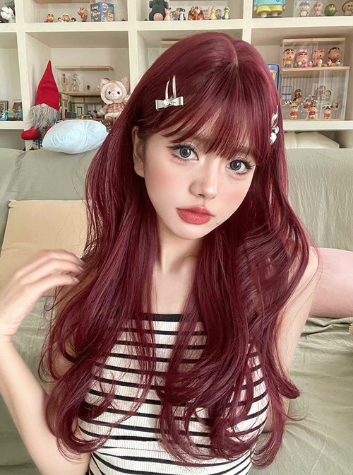 Wine Red Sweet-Cool Girl Cute Air Bangs Long Curly Hair Sweet Lolita Wig
