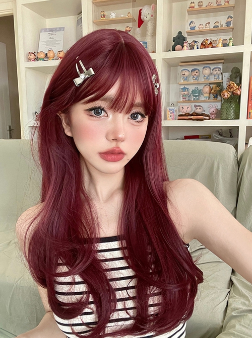 Wine Red Sweet-Cool Girl Cute Air Bangs Long Curly Hair Sweet Lolita Wig