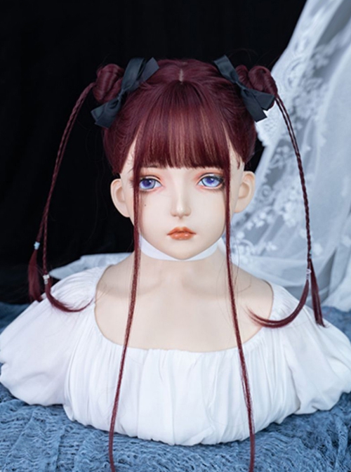 Wine Red Sweet-Cool Girl Cute Air Bangs Long Curly Hair Sweet Lolita Wig