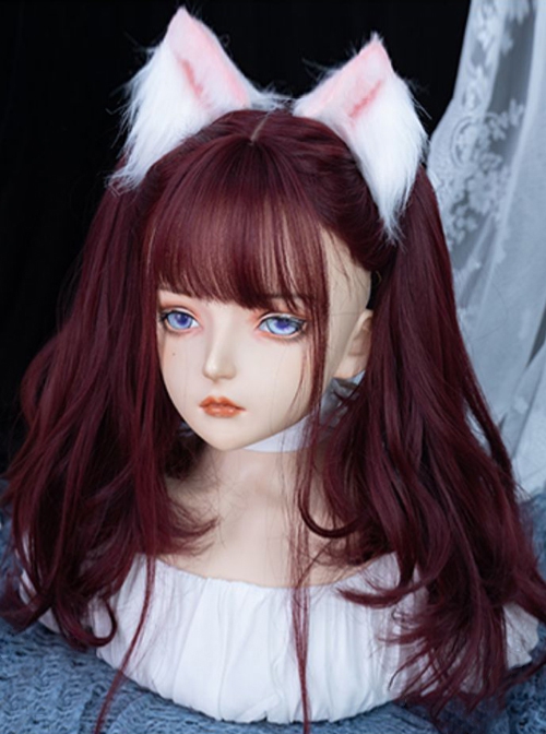 Wine Red Sweet-Cool Girl Cute Air Bangs Long Curly Hair Sweet Lolita Wig