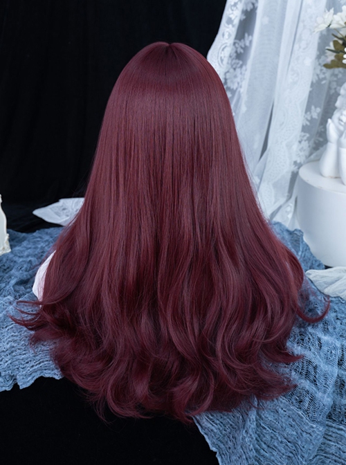 Wine Red Sweet-Cool Girl Cute Air Bangs Long Curly Hair Sweet Lolita Wig