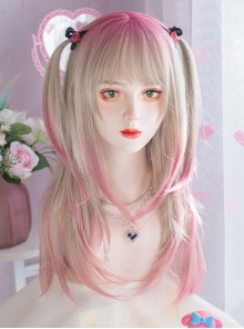 Sweet-Cool Girl's Head Tail Gradient Pink Natural Long Straight Hair Sweet Lolita Wig