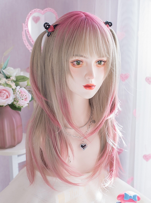 Sweet-Cool Girl's Head Tail Gradient Pink Natural Long Straight Hair Sweet Lolita Wig