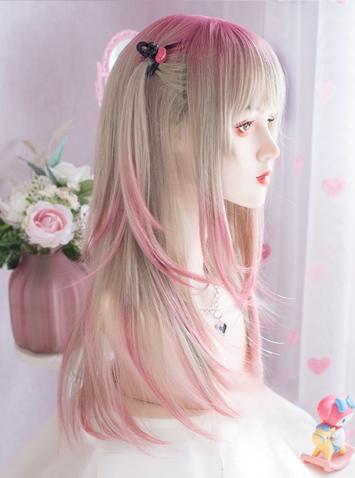 Sweet-Cool Girl's Head Tail Gradient Pink Natural Long Straight Hair Sweet Lolita Wig