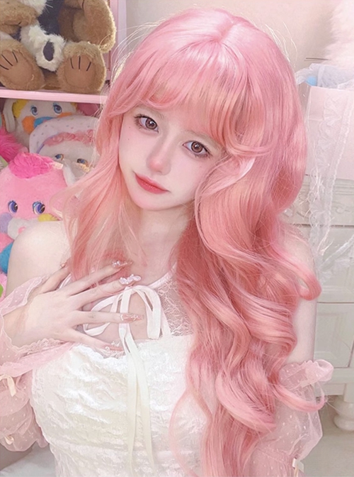 Love Letter Series Cute Honey Peach Pink Girl Air Bangs Long Curly Hair Sweet Lolita Wig