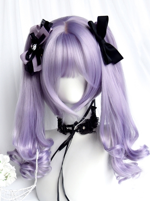 Light Purple Short Straight Hair Sweet Tiger Mouth Clip Long Curly Double Ponytail Sweet Lolita Wig