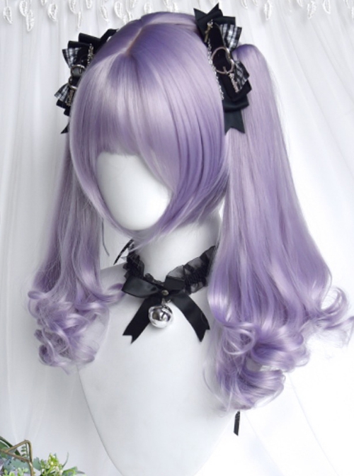 Light Purple Short Straight Hair Sweet Tiger Mouth Clip Long Curly Double Ponytail Sweet Lolita Wig