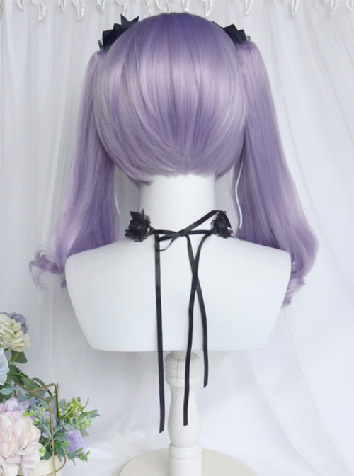 Light Purple Short Straight Hair Sweet Tiger Mouth Clip Long Curly Double Ponytail Sweet Lolita Wig