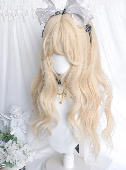 Alice's Cat Series Sweet Lolita White-Golden Air Bangs Long Curly Hair Wig