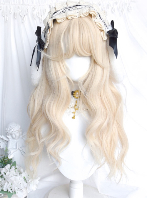 Alice's Cat Series Sweet Lolita White-Golden Air Bangs Long Curly Hair Wig