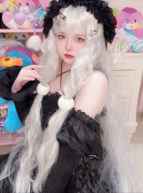 Gothic Lolita Silver White Water Ripple Wool Roll 100cm Long Curly Hair Wig