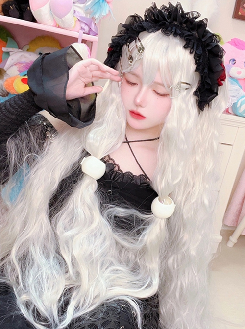 Gothic Lolita Silver White Water Ripple Wool Roll 100cm Long Curly Hair Wig